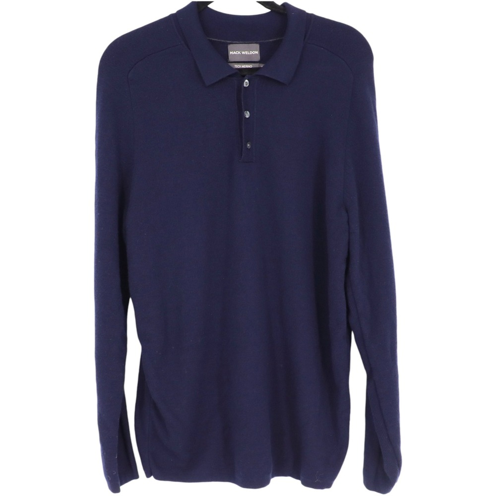 Mack Weldon Mens Navy Blue Long Sleeve Tech Merino Polo Shirt Size L